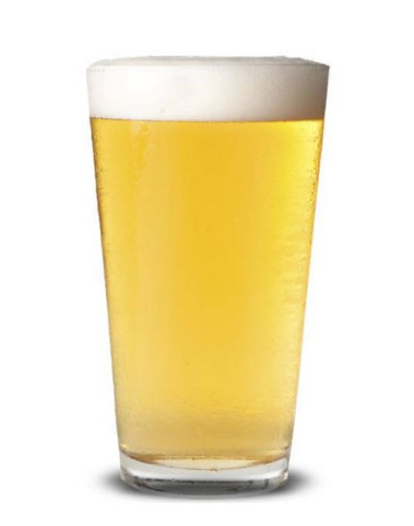 a pint glass filled with a blonde ale
