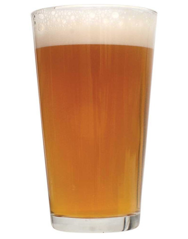  a pint glass filled with pale ale
